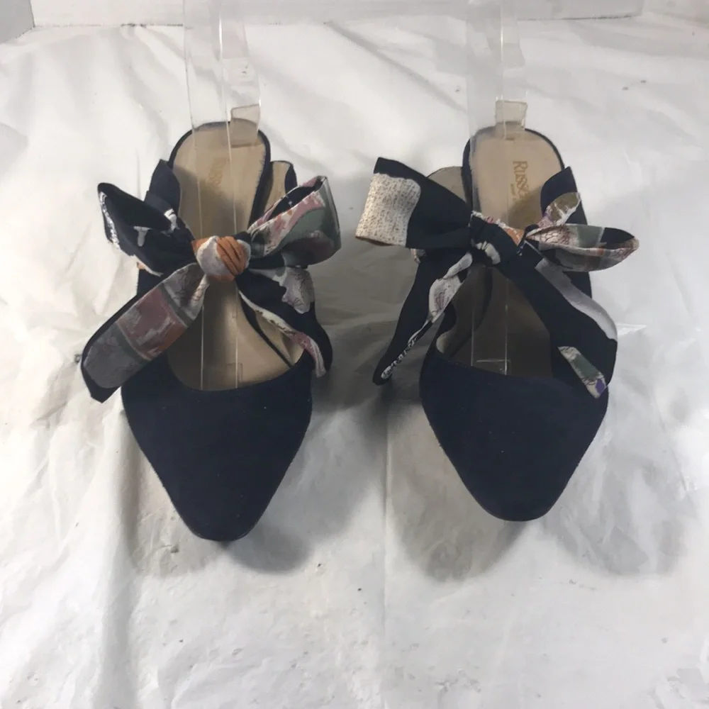 Russell and Bromley Elegant Blue Suede Women's Mules With a Tied Bow Accent